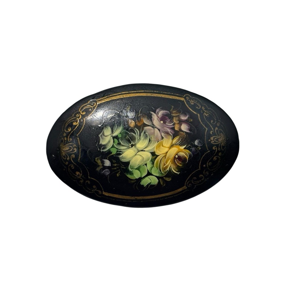 Vintage 1999 signed Russian Painted Wooden Black Lacquer Floral Oval Brooch Pin
